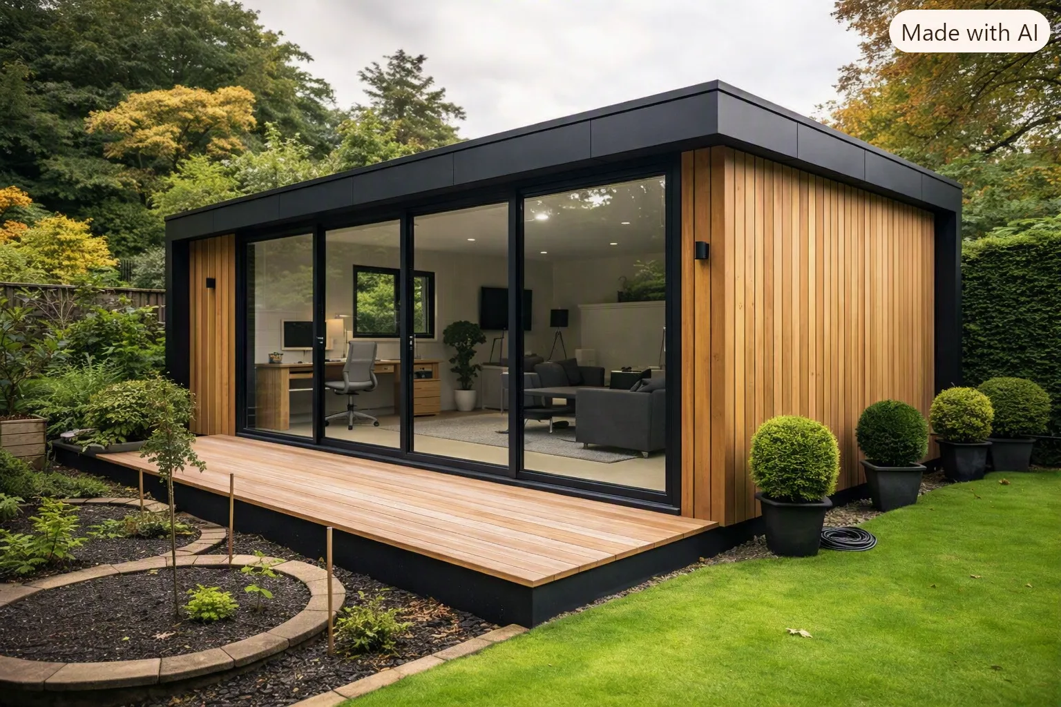 Modern garden office pod with cedar cladding and a hardwood deck