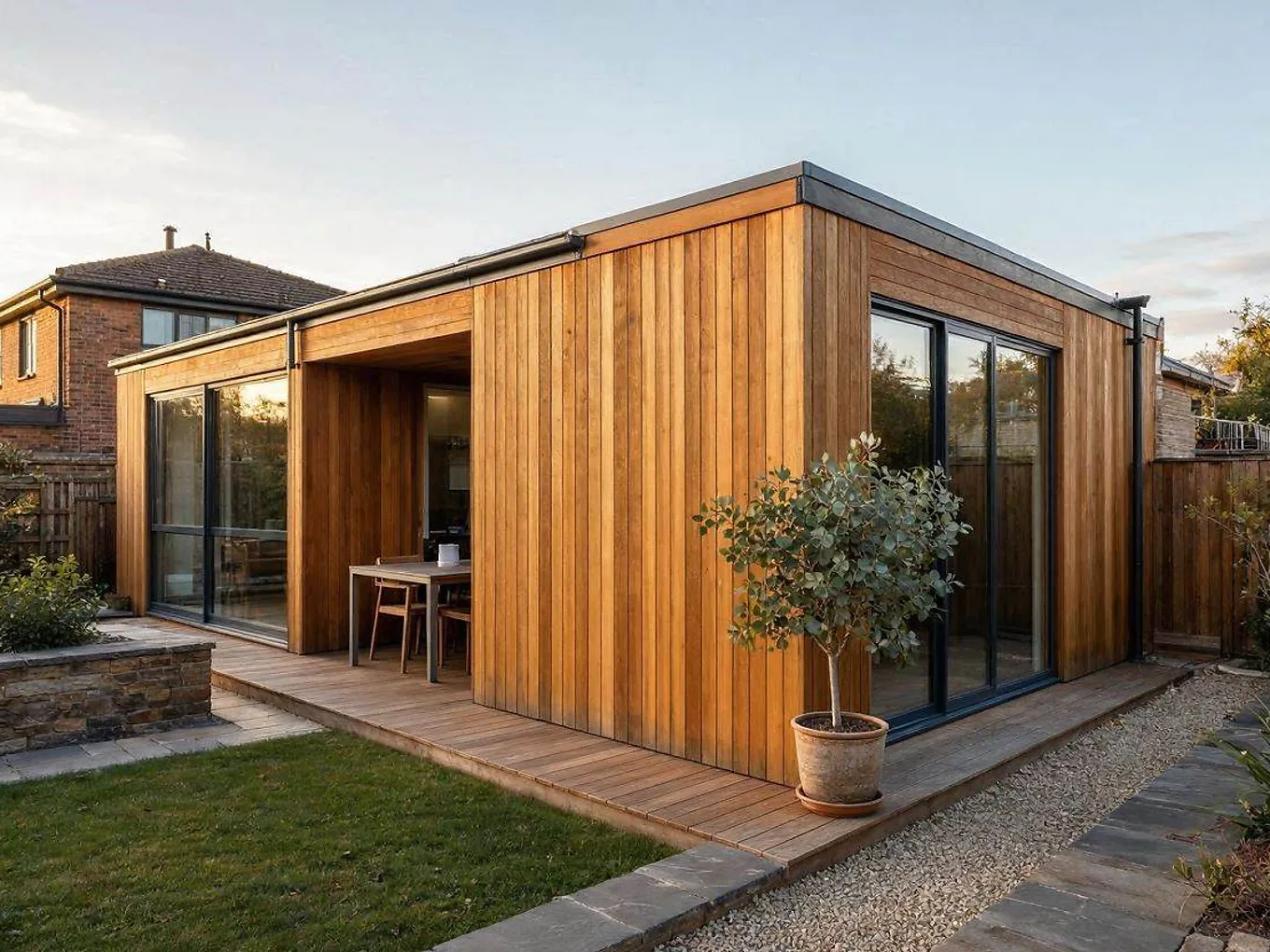 Completed timber-frame extension with cedar cladding and bi-fold doors